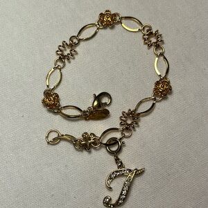 Gold-Tone Floral Link Bracelet with Crystal Letter Charm